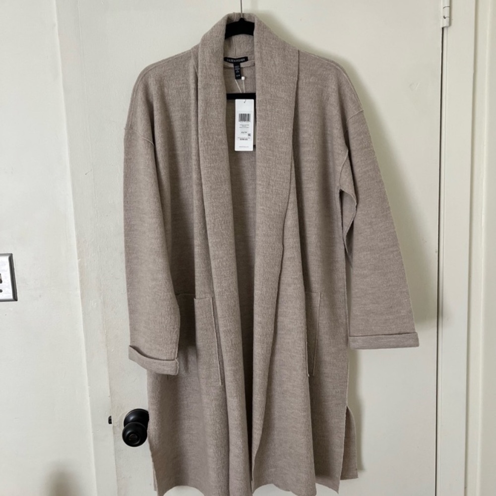 Eileen Fisher Open Front Shawl Collar Beige Grey Boiled Wool Coat Duster Winter